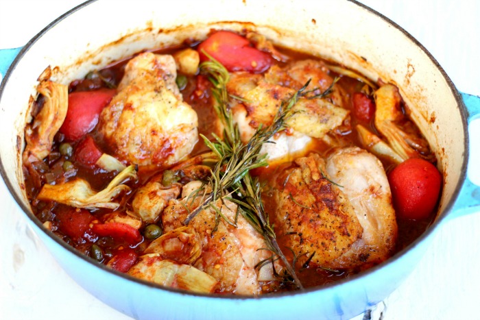 Baked Chicken Thighs with Tomatoes, Artichokes & Capers